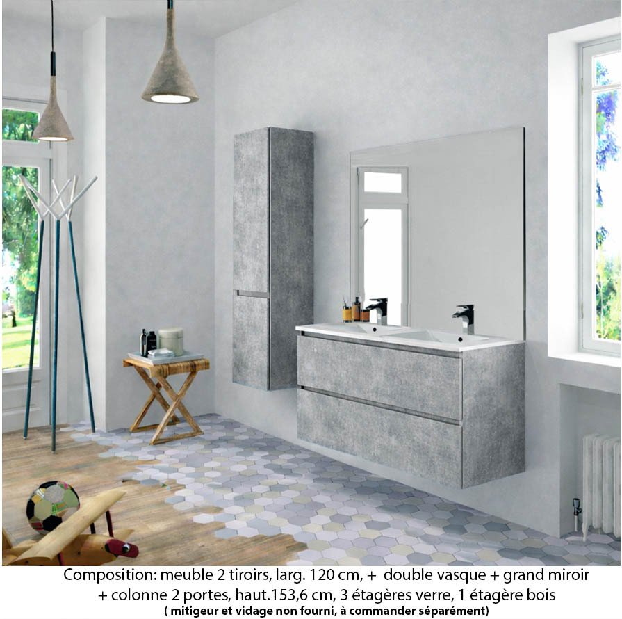 Ensemble meuble de salle de bain Oxford 80 cm béton bellato, plan vasque céramique, 2 tiroirs , miroir plan , colonne P. 35 cm x H. 153 cm
