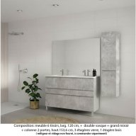 Ensemble meuble de salle de bain Oxford 120 cm béton bellato, plan double vasque marbre reconstitué, 3 tiroirs , miroir plan , colonne P. 35 cm x H. 153 cm