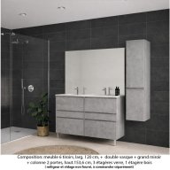 Ensemble meuble de salle de bain Oxford 120 cm béton bellato, plan double vasque marbre reconstitué, 6 tiroirs , miroir plan , colonne P. 35 cm x H. 153 cm