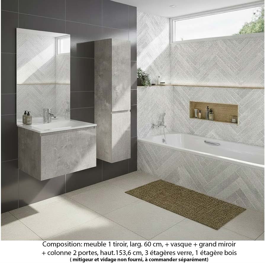 Ensemble meuble de salle de bain Oxford 60 cm béton bellato, plan vasque marbre reconstitué, 1 tiroir , miroir plan , colonne P. 35 cm x H. 153 cm
