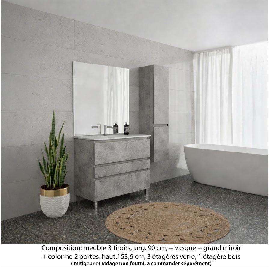 Ensemble meuble de salle de bain Oxford 90 cm béton bellato, plan vasque marbre reconstitué, 3 tiroirs , miroir plan , colonne P. 35 cm x H. 153 cm