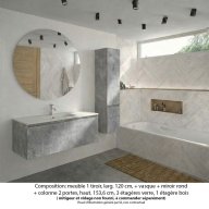 Ensemble meuble de salle de bain Oxford 120 cm béton bellato, plan vasque marbre reconstitué, 1 tiroir , miroir rond , colonne P. 35 cm x H. 153 cm