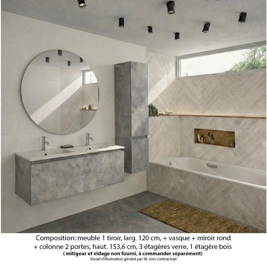 Ensemble meuble de salle de bain Oxford 120 cm béton bellato, plan double vasque marbre reconstitué, 1 tiroir , miroir rond , colonne P. 35 cm x H. 153 cm