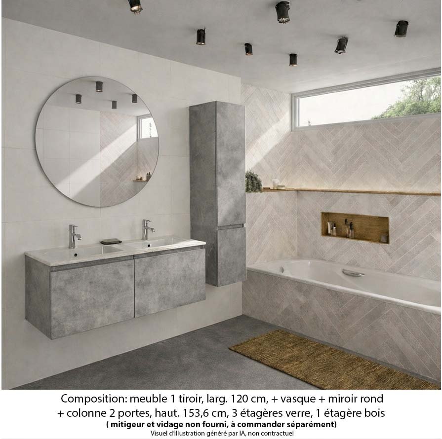 Ensemble meuble de salle de bain Oxford 140 cm béton bellato, plan double double vasque marbre reconstitué, 2 tiroirs , miroir rond , colonne P. 35 cm x H. 153 cm