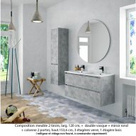 Ensemble meuble de salle de bain Oxford 120 cm béton bellato, plan double vasque marbre reconstitué, 2 tiroirs , miroir rond , colonne P. 35 cm x H. 153 cm