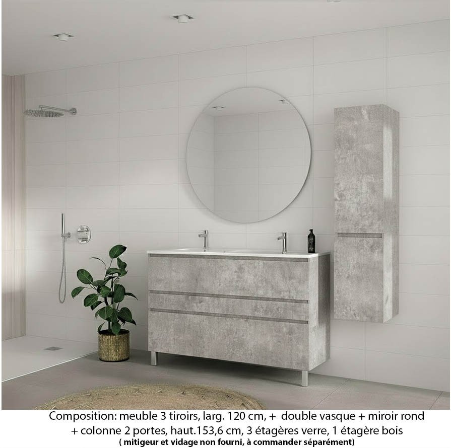 Ensemble meuble de salle de bain Oxford 120 cm béton bellato, plan double vasque marbre reconstitué, 3 tiroirs , miroir rond , colonne P. 35 cm x H. 153 cm