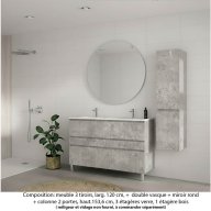 Ensemble meuble de salle de bain Oxford 120 cm béton bellato, plan double vasque marbre reconstitué, 3 tiroirs , miroir rond , colonne P. 35 cm x H. 153 cm