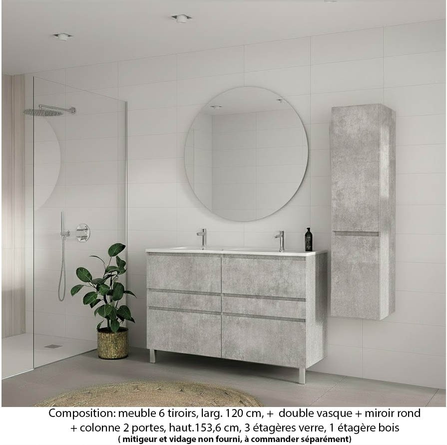 Ensemble meuble de salle de bain Oxford 140 cm béton bellato, plan double double vasque marbre reconstitué, caisson double, 6 tiroirs , miroir rond , colonne P. 35 cm x H. 153 cm