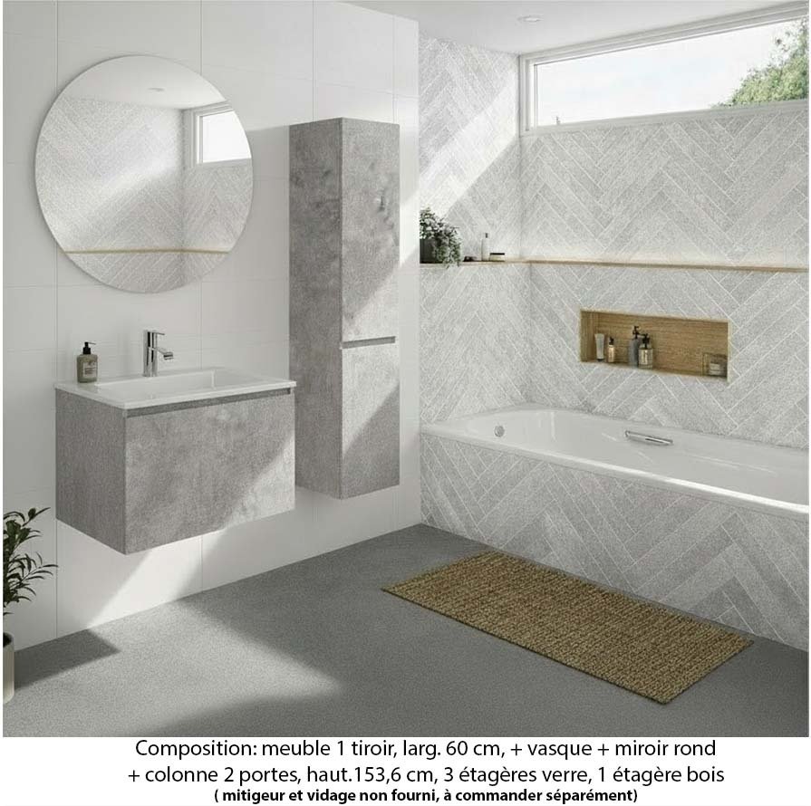 Ensemble meuble de salle de bain Oxford 60 cm béton bellato, plan vasque marbre reconstitué, 1 tiroir , miroir rond , colonne P. 35 cm x H. 153 cm