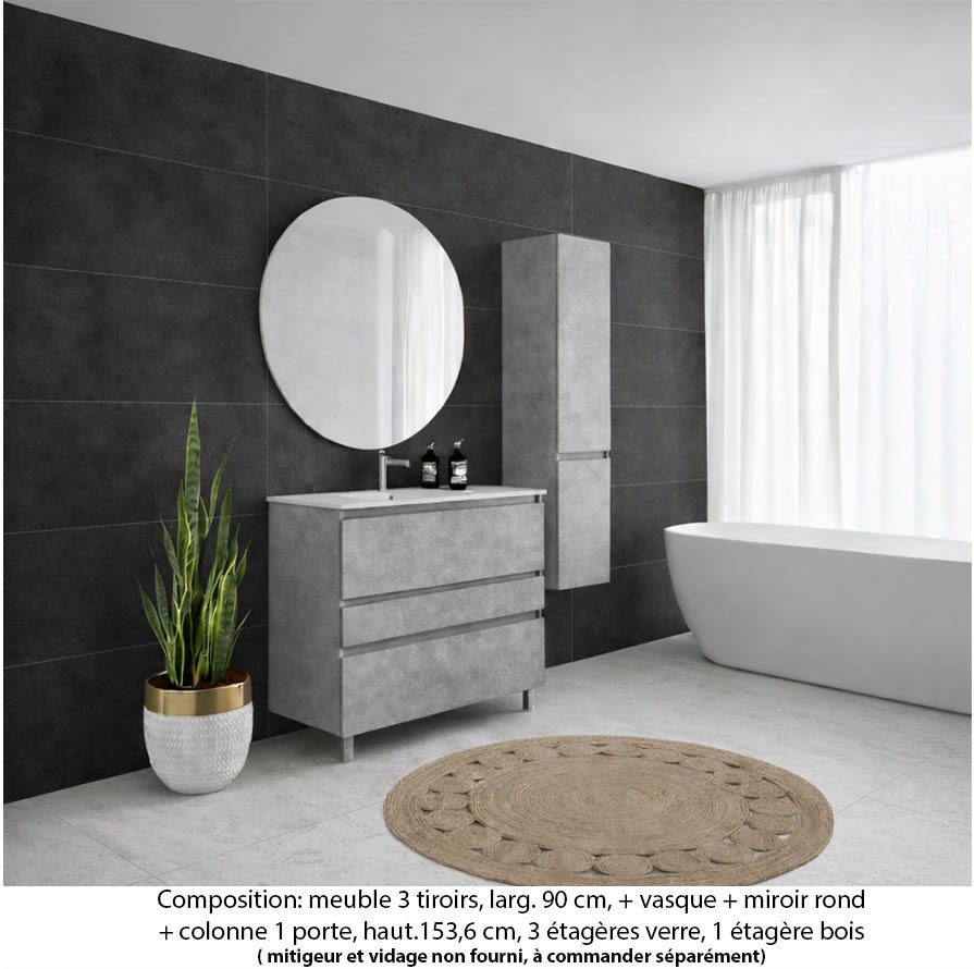 Ensemble meuble de salle de bain Oxford 90 cm béton bellato, plan vasque marbre reconstitué, 3 tiroirs , miroir rond , colonne P. 35 cm x H. 153 cm
