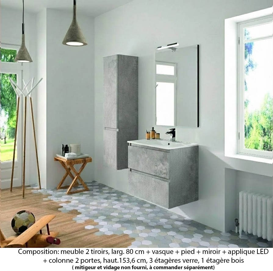 Ensemble meuble de salle de bain Oxford 80 cm béton bellato, plan vasque marbre reconstitué, 2 tiroirs , miroir simple , applique , colonne (ch. à gauche)