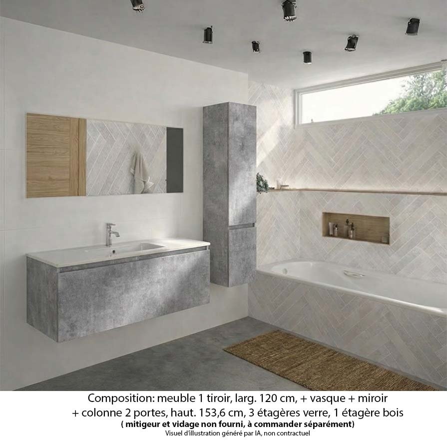 Ensemble meuble de salle de bain Oxford 120 cm béton bellato, plan vasque marbre reconstitué, 1 tiroir , miroir simple , colonne P. 35 cm x H. 153 cm
