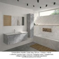 Ensemble meuble de salle de bain Oxford 120 cm béton bellato, plan vasque marbre reconstitué, 1 tiroir , miroir simple , colonne P. 35 cm x H. 153 cm