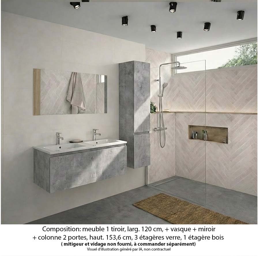 Ensemble meuble de salle de bain Oxford 120 cm béton bellato, plan double vasque marbre reconstitué, 1 tiroir , miroir simple , colonne P. 35 cm x H. 153 cm