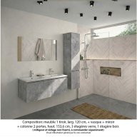 Ensemble meuble de salle de bain Oxford 120 cm béton bellato, plan double vasque marbre reconstitué, 1 tiroir , miroir simple , colonne P. 35 cm x H. 153 cm