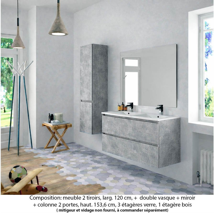 Ensemble meuble de salle de bain Oxford 80 cm béton bellato, plan vasque céramique, 2 tiroirs , miroir simple , colonne P. 35 cm x H. 153 cm
