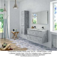 Ensemble meuble de salle de bain Oxford 120 cm béton bellato, plan double vasque marbre reconstitué, 2 tiroirs , miroir simple , colonne P. 35 cm x H. 153 cm