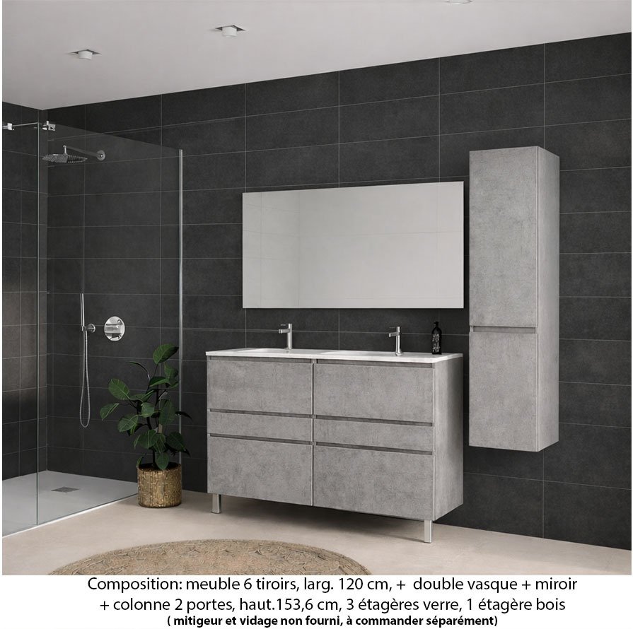 Ensemble meuble de salle de bain Oxford 140 cm béton bellato, plan double double vasque marbre reconstitué, caisson double, 6 tiroirs , miroir simple , colonne P. 35 cm x H. 153 cm