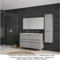 Ensemble meuble de salle de bain Oxford 120 cm béton bellato, plan double vasque marbre reconstitué, 6 tiroirs , miroir simple , colonne P. 35 cm x H. 153 cm