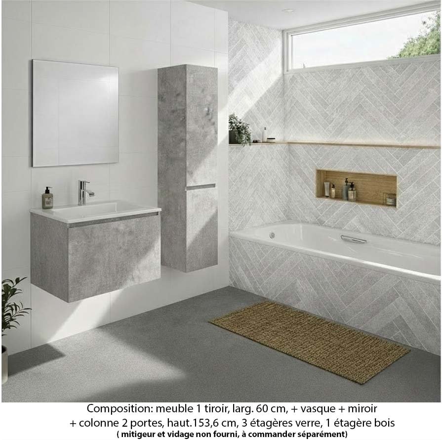 Ensemble meuble de salle de bain Oxford 60 cm béton bellato, plan vasque marbre reconstitué, 1 tiroir , miroir simple , colonne P. 35 cm x H. 153 cm
