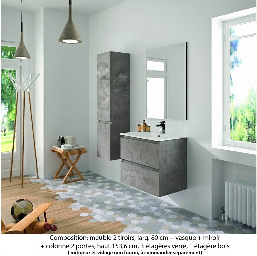 Ensemble meuble de salle de bain Oxford 80 cm béton bellato, plan vasque marbre reconstitué, 2 tiroirs , miroir simple , colonne (ch. à gauche)