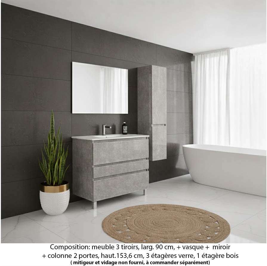 Ensemble meuble de salle de bain Oxford 90 cm béton bellato, plan vasque marbre reconstitué, 3 tiroirs , miroir simple , colonne P. 35 cm x H. 153 cm