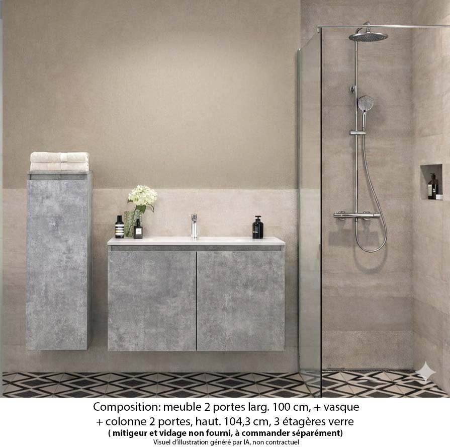 Ensemble meuble de salle de bain Oxford 60 cm béton Bellato, plan vasque marbre reconstitué,  2 portes + colonne P. 17 cm x H. 104 cm