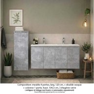Ensemble meuble de salle de bain Oxford 120 cm béton Bellato, plan vasque marbre reconstitué, 4 portes + colonne P. 17 cm x H. 104 cm