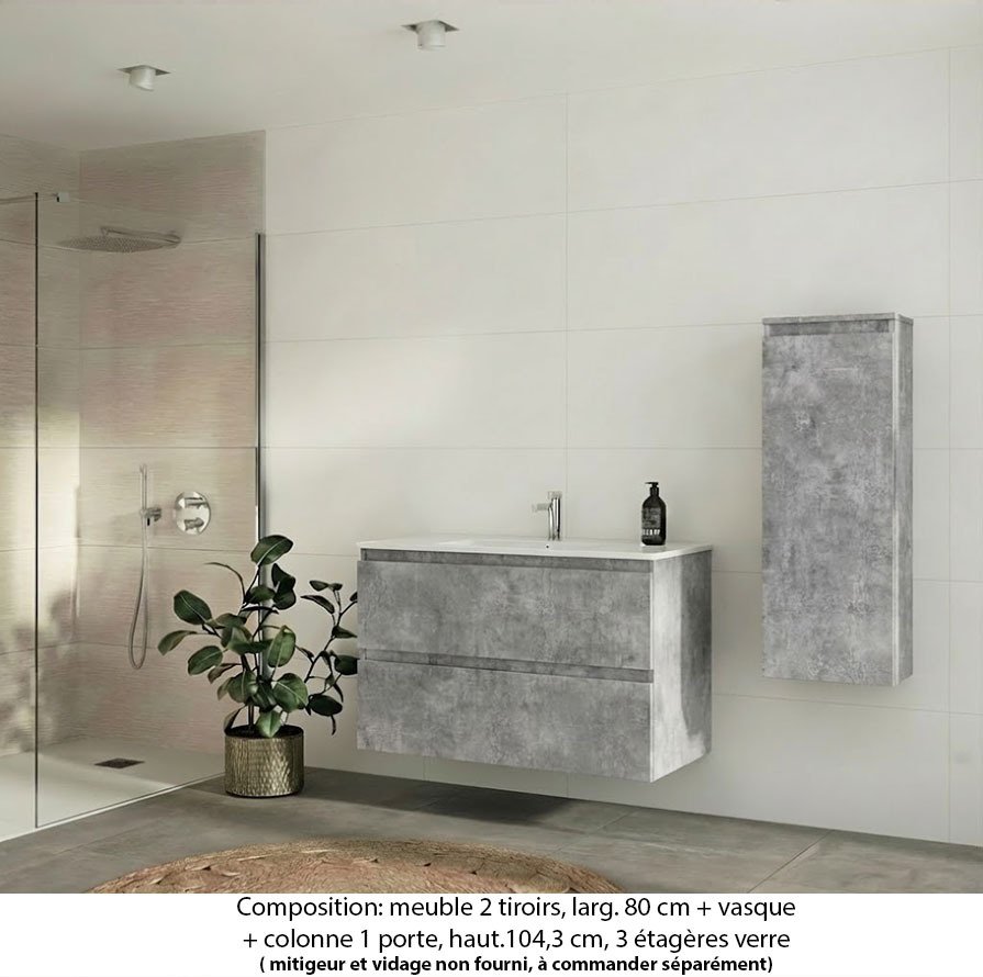 Ensemble meuble de salle de bain Oxford 100 cm béton Bellato, plan vasque marbre reconstitué,  2 tiroirs + colonne P. 17 cm x H. 104 cm