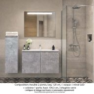 Ensemble meuble de salle de bain Oxford 100 cm béton Bellato, plan vasque marbre reconstitué, 2 portes + colonne P. 35 cm x H. 104 cm , miroir LED