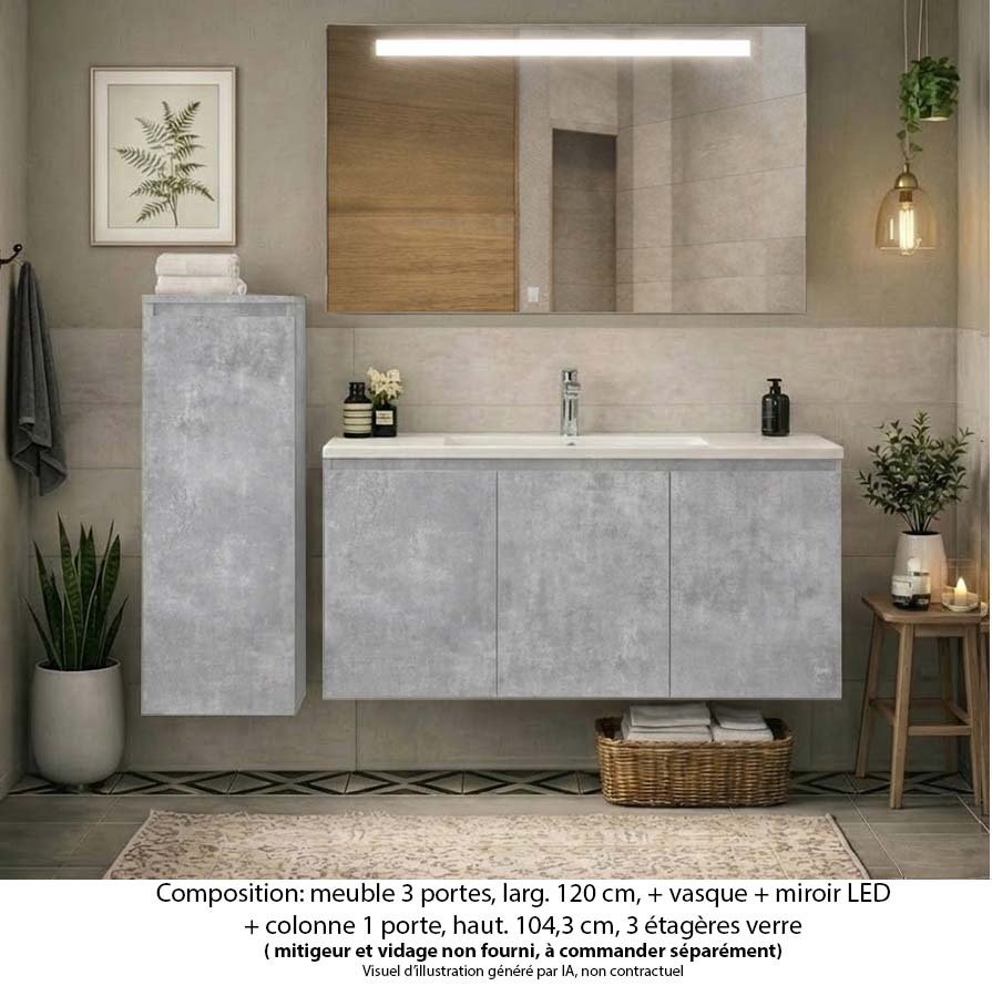 Ensemble meuble de salle de bain Oxford 120 cm béton Bellato, plan vasque céramique,  3 portes +colonne P. 17 cm x H. 104 cm  , miroir LED