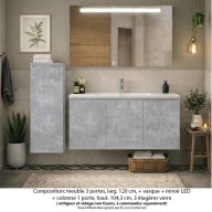 Ensemble meuble de salle de bain Oxford 120 cm béton Bellato, plan vasque céramique, 3 portes +colonne P. 35 cm x H. 104 cm , miroir LED