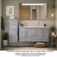 Ensemble meuble de salle de bain Oxford 120 cm béton Bellato, plan vasque marbre reconstitué, 4 portes +colonne P. 17 cm x H. 104 cm , miroir LED
