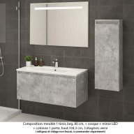 Ensemble meuble de salle de bain Oxford 80 cm béton Bellato, plan vasque marbre reconstitué, 1 tiroir + colonne P.17 cm x H. 104 cm , miroir LED
