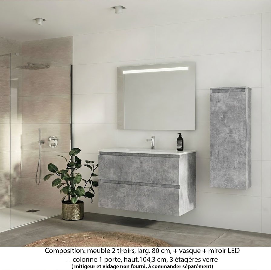 Ensemble meuble de salle de bain Oxford 100 cm béton Bellato, plan vasque marbre reconstitué,  2 tiroirs +colonne P. 17 cm x H. 104 cm  , miroir LED