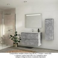 Ensemble meuble de salle de bain Oxford 100 cm béton Bellato, plan vasque céramique, 2 tiroirs + colonne P. 17 cm x H. 104 cm , miroir LED