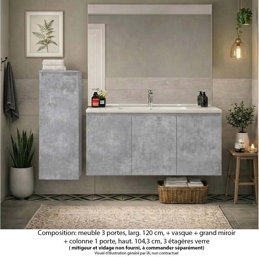 Ensemble meuble de salle de bain Oxford 120 cm béton bellato, plan vasque céramique, 3 portes , miroir plan , colonne P. 17 cm x H. 104 cm