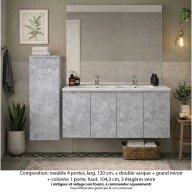 Ensemble meuble de salle de bain Oxford 120 cm béton bellato, plan vasque marbre reconstitué, 4 portes , miroir plan , colonne P. 17 cm x H. 104 cm