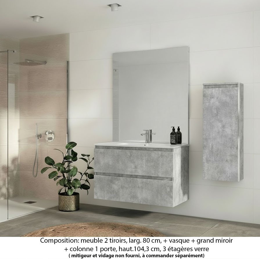 Ensemble meuble de salle de bain Oxford 100 cm béton bellato, plan vasque marbre reconstitué, 2 tiroirs , miroir plan , colonne P. 17 cm x H. 104 cm