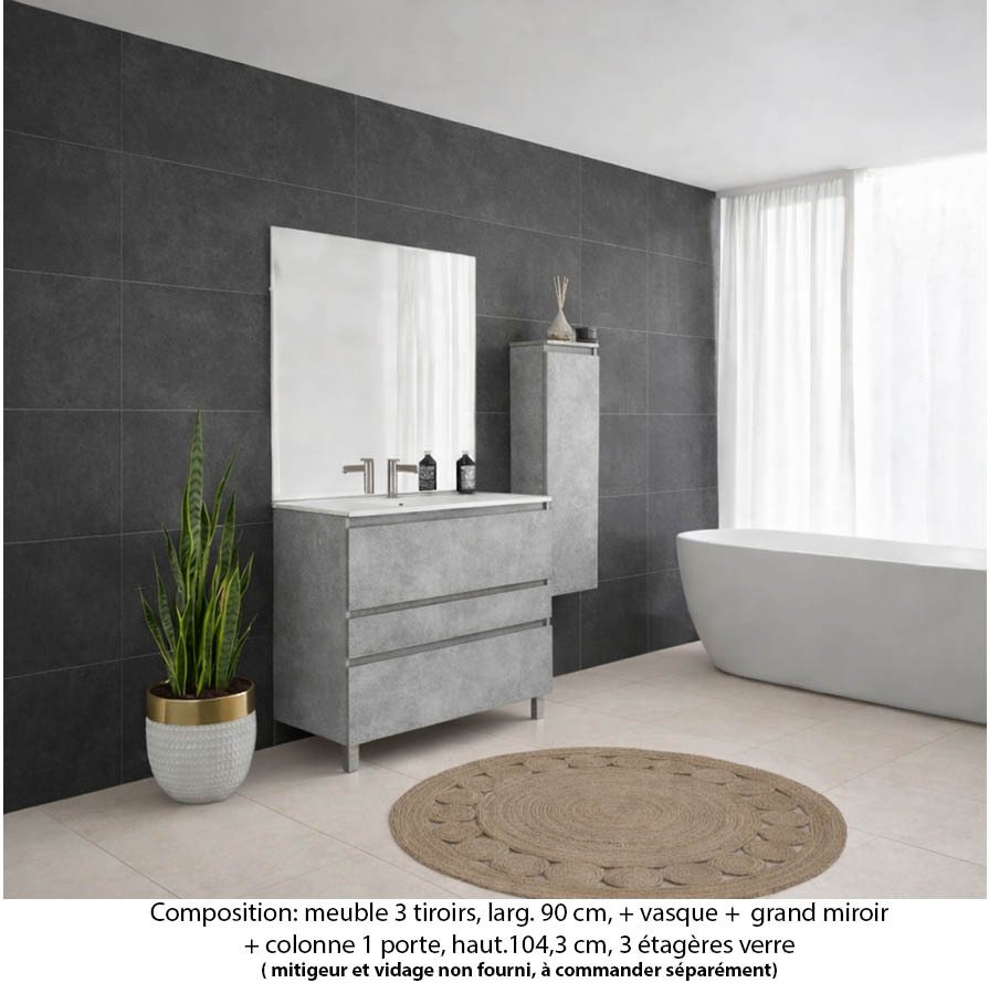 Ensemble meuble de salle de bain Oxford 90 cm béton bellato, plan vasque marbre reconstitué, 3 tiroirs , miroir plan , colonne P.17 cm x H. 104 cm