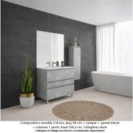 Ensemble meuble de salle de bain Oxford 90 cm béton bellato, plan vasque marbre reconstitué, 3 tiroirs , miroir plan , colonne P.17 cm x H. 104 cm