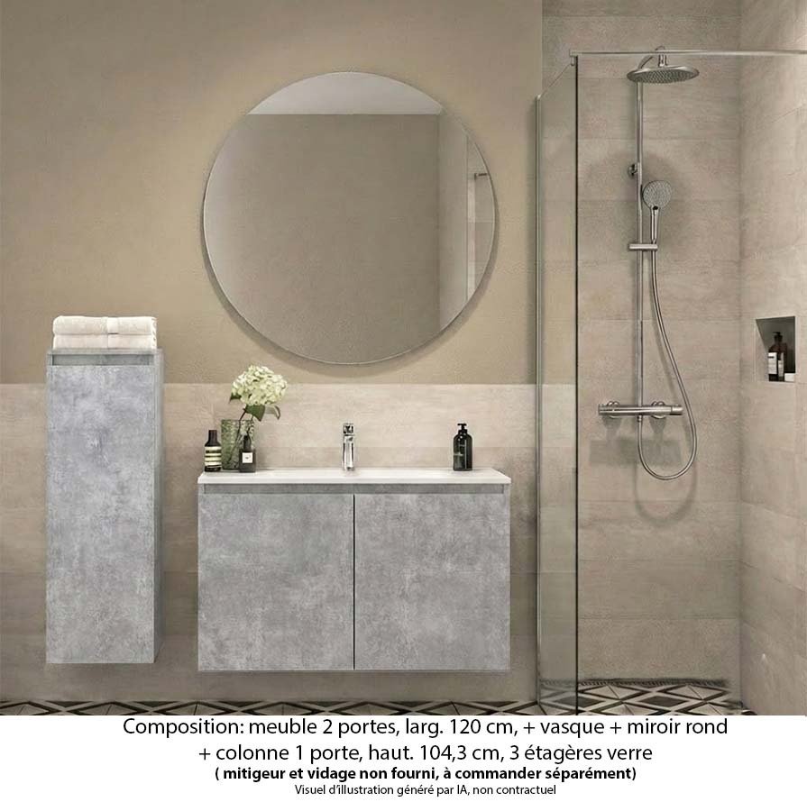 Ensemble meuble de salle de bain Oxford 60 cm béton bellato, plan vasque marbre reconstitué, 2 portes , miroir rond , colonne P. 17 cm x H. 104 cm