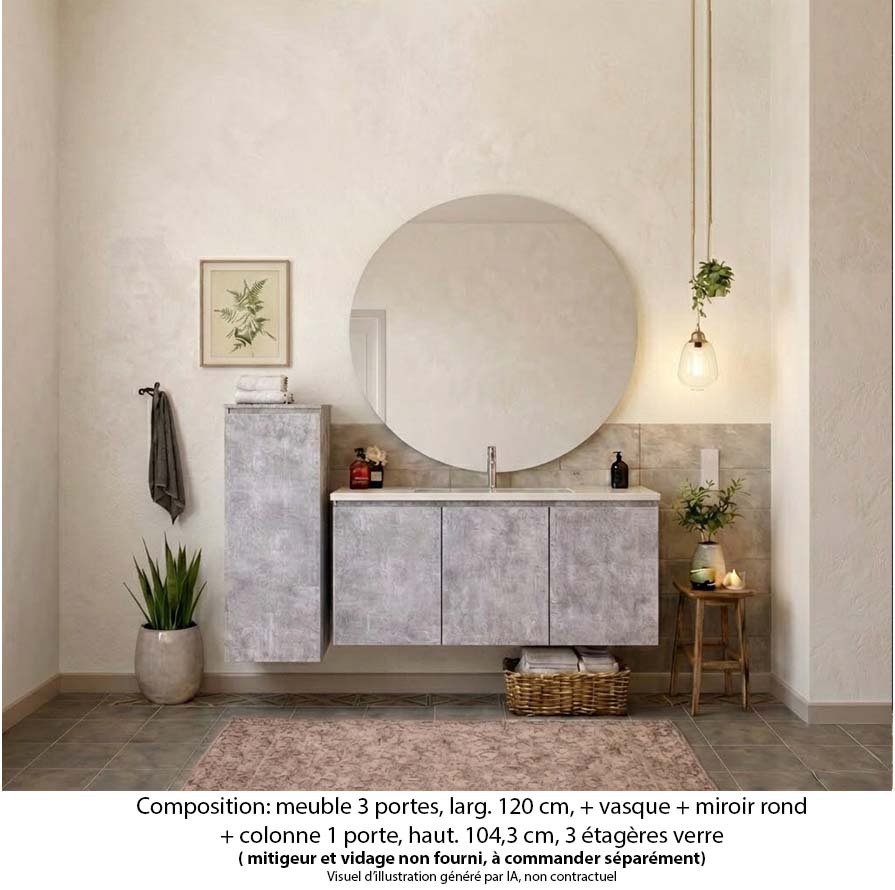 Ensemble meuble de salle de bain Oxford 120 cm béton bellato, plan vasque céramique, 3 portes , miroir rond , colonne P. 17 cm x H. 104 cm