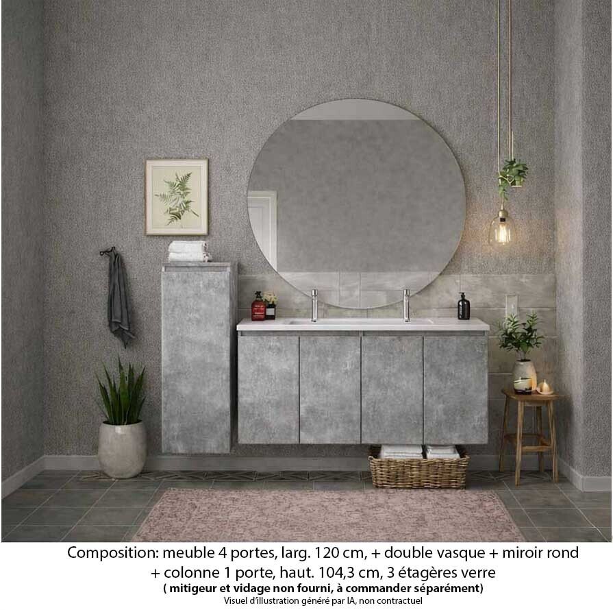 Ensemble meuble de salle de bain Oxford 120 cm béton bellato, plan vasque marbre reconstitué, 4 portes , miroir rond , colonne P. 17 cm x H. 104 cm