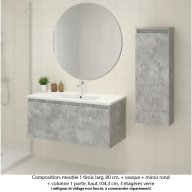 Ensemble meuble de salle de bain Oxford 80 cm béton bellato, plan vasque marbre reconstitué, 1 tiroir , miroir rond , colonne P.17 cm x H. 104 cm