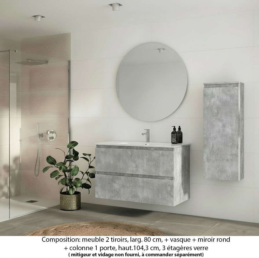 Ensemble meuble de salle de bain Oxford 100 cm béton bellato, plan vasque marbre reconstitué, 2 tiroirs , miroir rond , colonne P. 17 cm x H. 104 cm