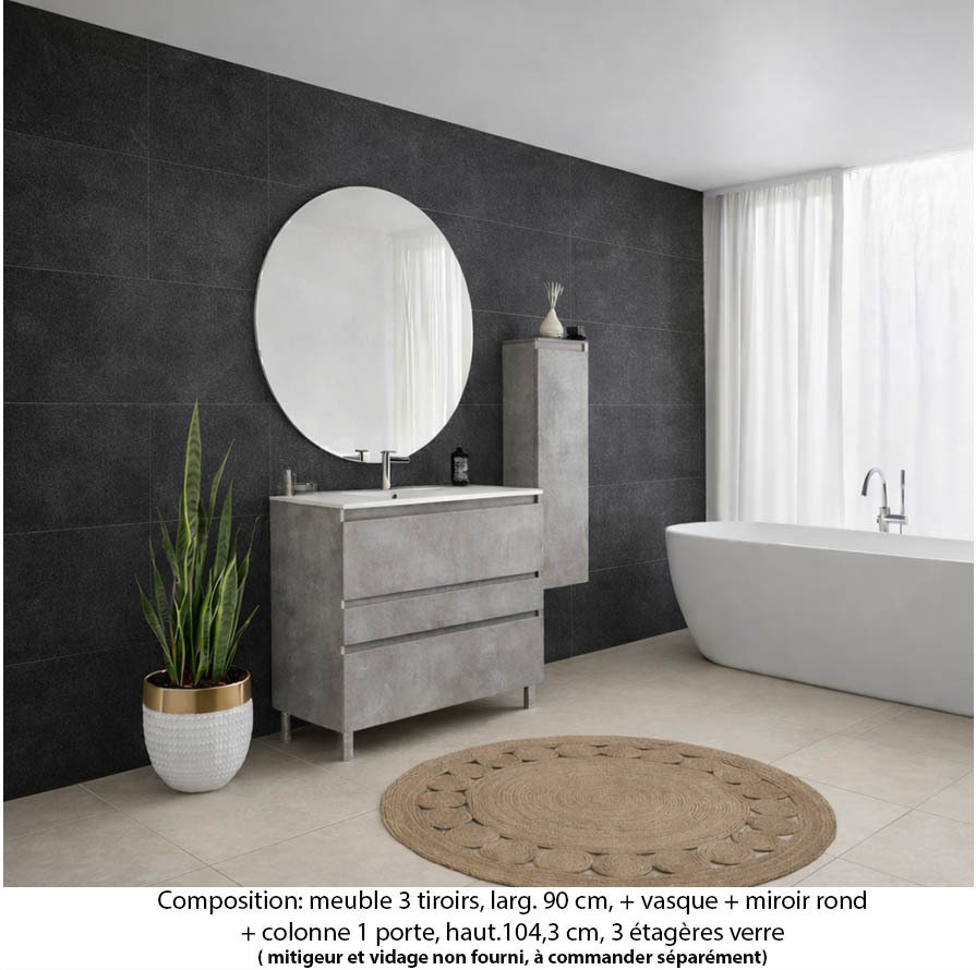 Ensemble meuble de salle de bain Oxford 90 cm béton bellato, plan vasque marbre reconstitué, 3 tiroirs , miroir rond , colonne P.17 cm x H. 104 cm