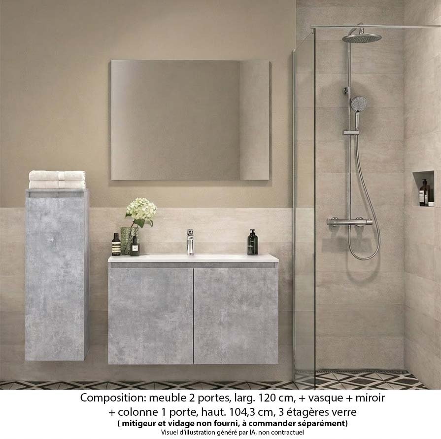 Ensemble meuble de salle de bain Oxford 60 cm béton bellato, plan vasque marbre reconstitué, 2 portes , miroir simple , colonne P. 17 cm x H. 104 cm