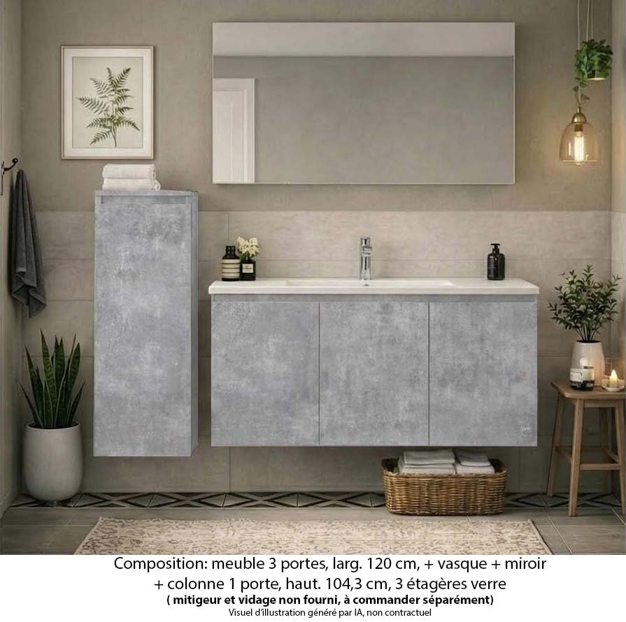 Ensemble meuble de salle de bain Oxford 120 cm béton bellato, plan vasque céramique, 3 portes , miroir simple , colonne P. 17 cm x H. 104 cm