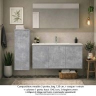 Ensemble meuble de salle de bain Oxford 120 cm béton bellato, plan vasque céramique, 3 portes , miroir simple , colonne P. 35 cm x H. 104 cm